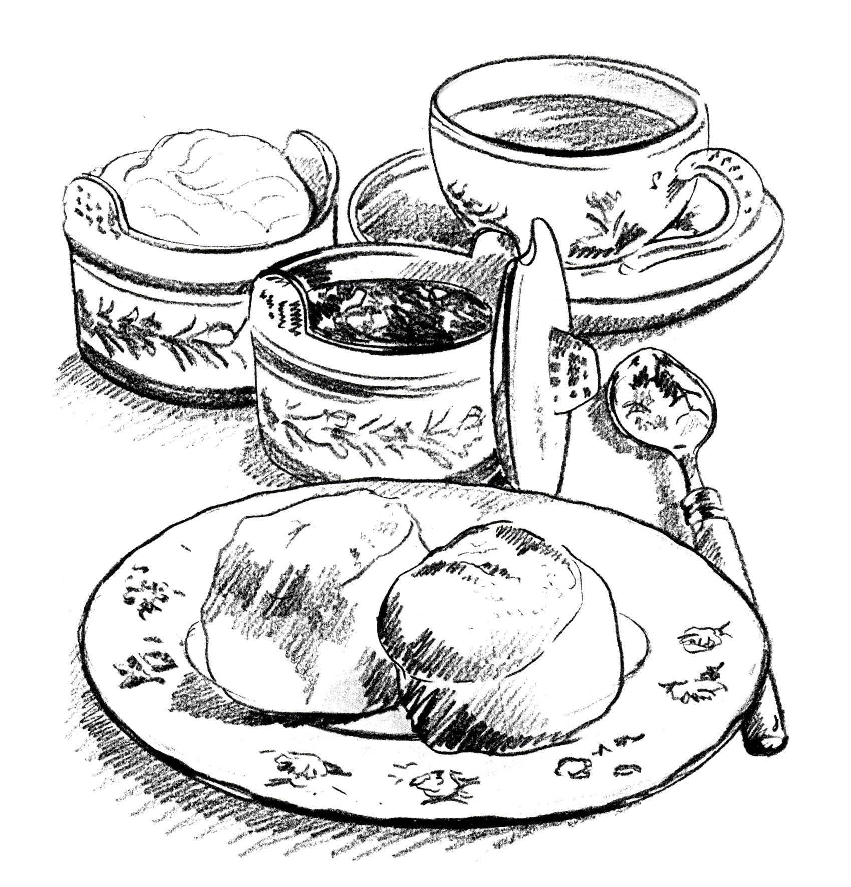 Hand-drawn pencil cream-tea, scones and jam illustration from the design studio in Falkirk